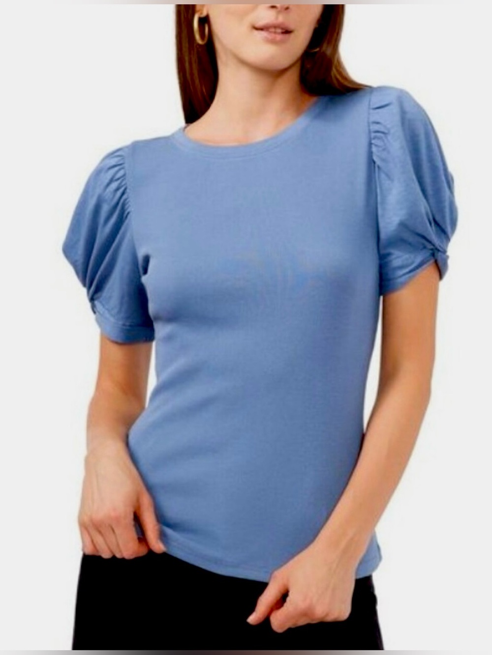 1. STATE Puff Sleeve Rib Knit T-Shirt Slate Sky Blue Size Small